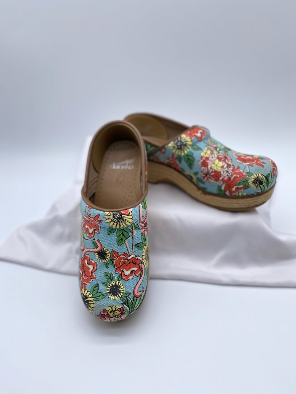 Dansko Jute Pro Flamingo Tropical Blue Canvas Clogs EU 37